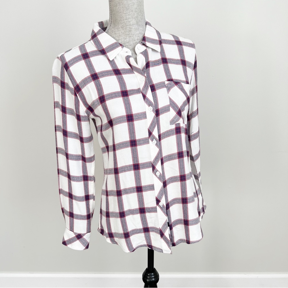 Rails Plaid Flannel Top Long Sleeve Button Down Shirt White Red Navy Blouse XS - Picture 5 of 17